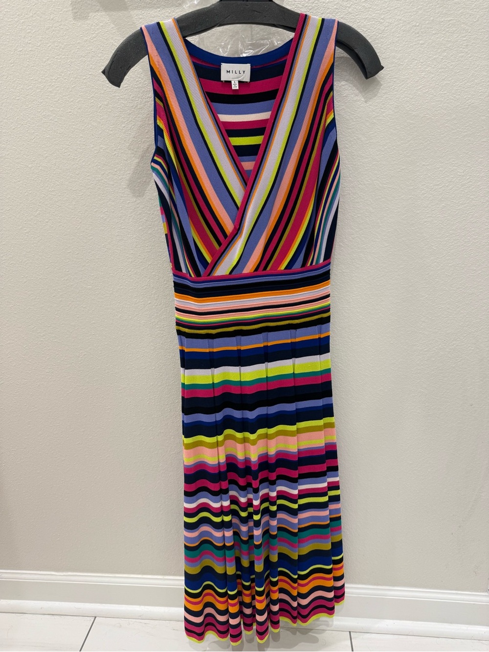 Milly Navy Multi-Stripe Sleeveless V-Neck Midi Dress